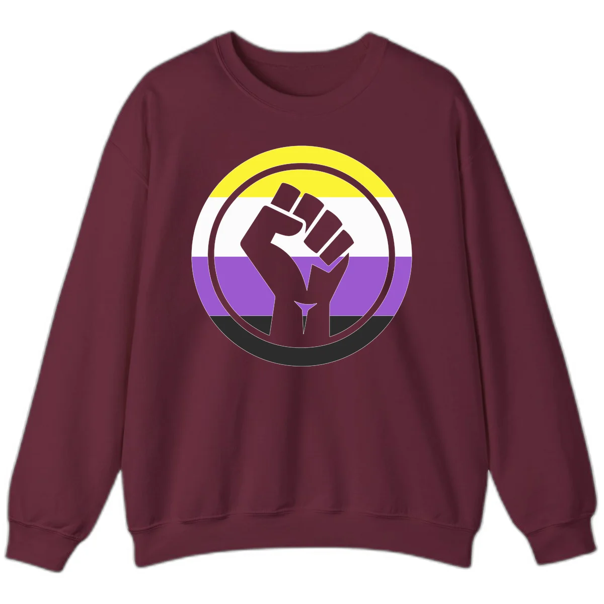 Raised fist silhouette within concentric rings on nonbinary pride flag with yellow, white, purple, and black stripes in Maroon