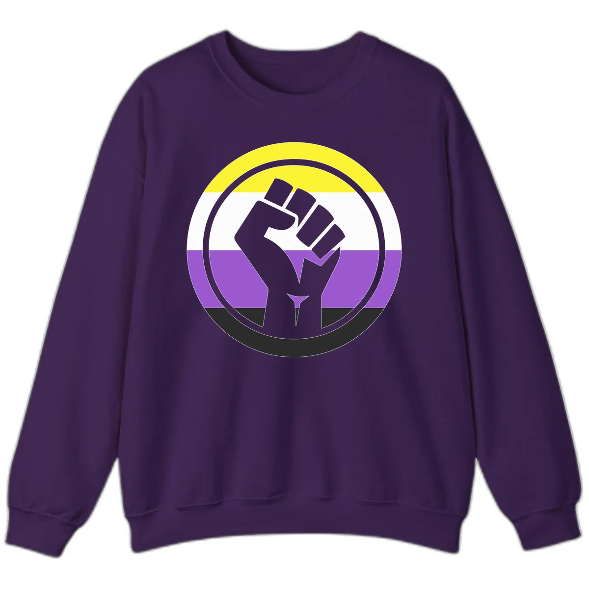 Raised fist silhouette within concentric rings on nonbinary pride flag with yellow, white, purple, and black stripes in Purple