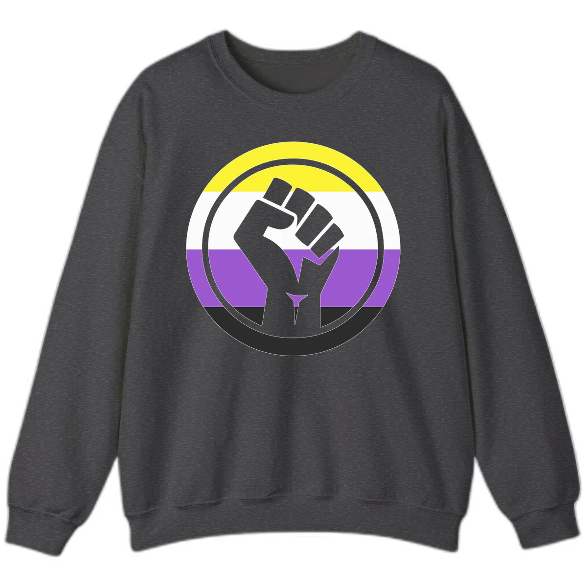 Raised fist silhouette within concentric rings on nonbinary pride flag with yellow, white, purple, and black stripes in Dark Heather