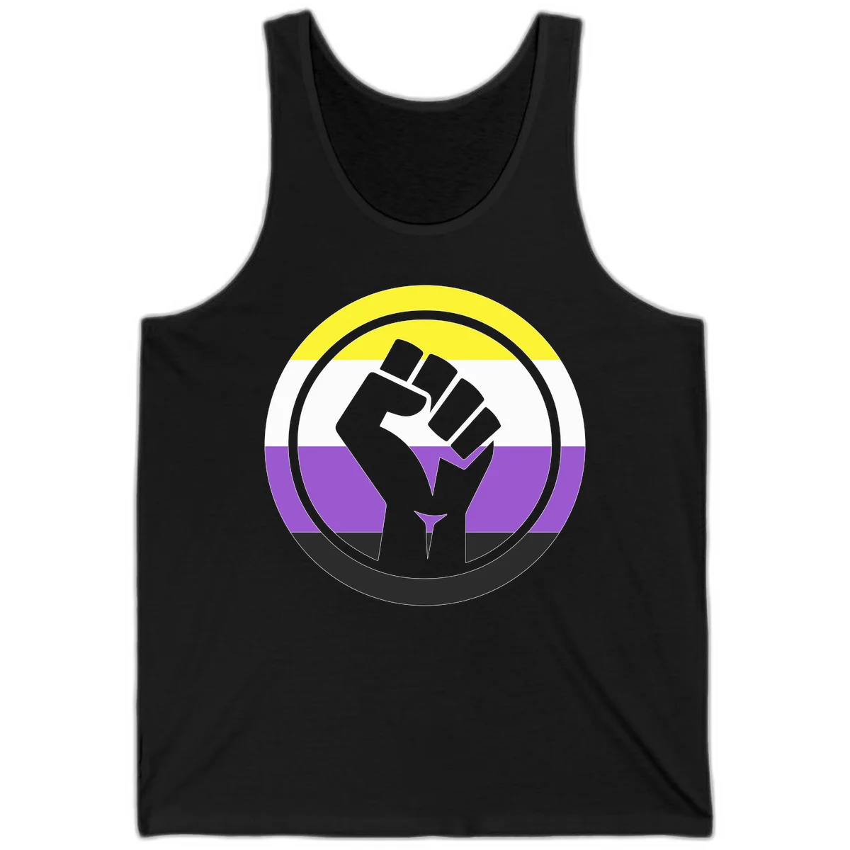 Raised fist silhouette within concentric rings on nonbinary pride flag with yellow, white, purple, and black stripes in Black