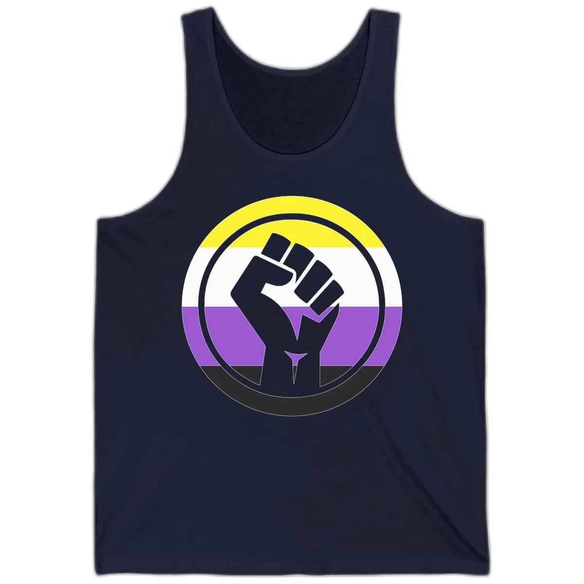 Raised fist silhouette within concentric rings on nonbinary pride flag with yellow, white, purple, and black stripes in Navy