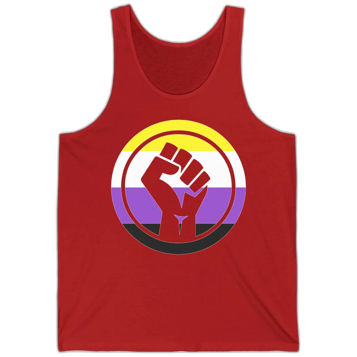 Raised fist silhouette within concentric rings on nonbinary pride flag with yellow, white, purple, and black stripes in Red