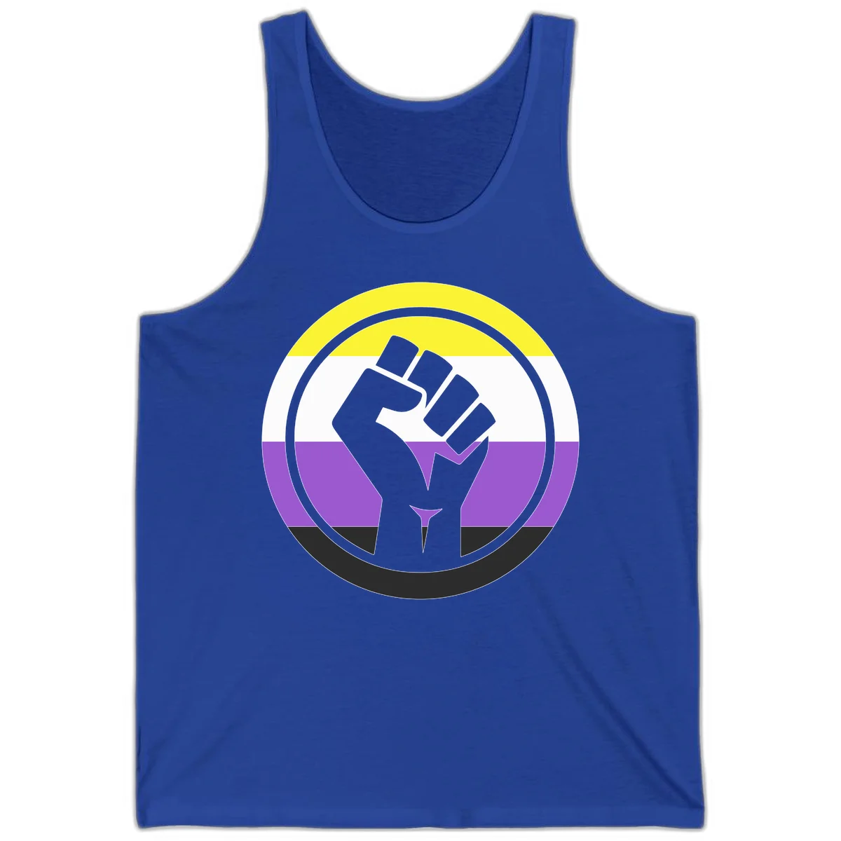 Raised fist silhouette within concentric rings on nonbinary pride flag with yellow, white, purple, and black stripes in True Royal