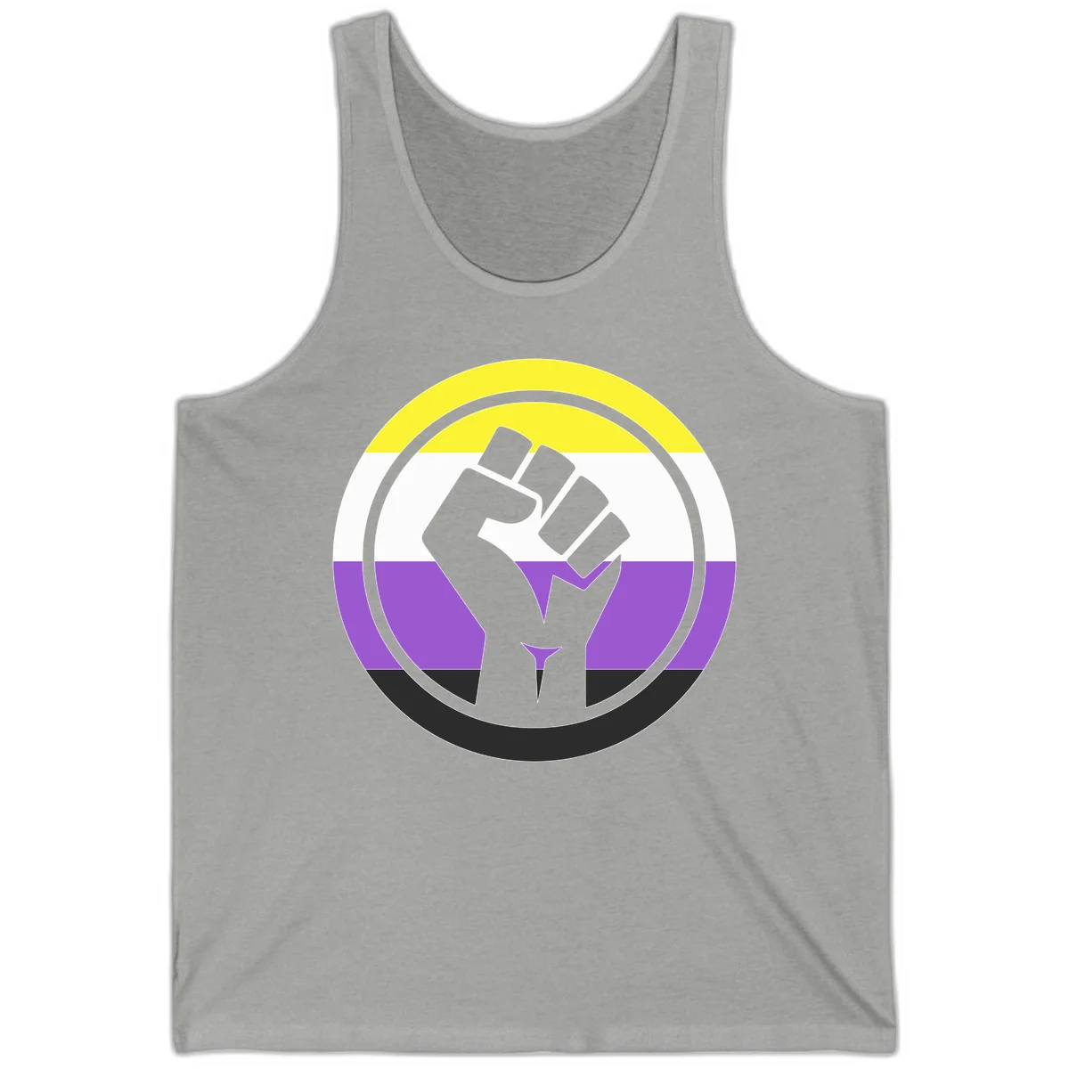Raised fist silhouette within concentric rings on nonbinary pride flag with yellow, white, purple, and black stripes in Athletic Heather