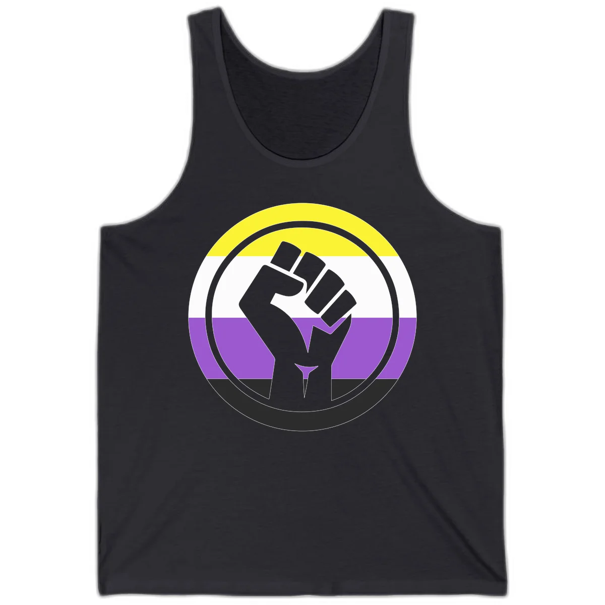 Raised fist silhouette within concentric rings on nonbinary pride flag with yellow, white, purple, and black stripes in Dark Grey