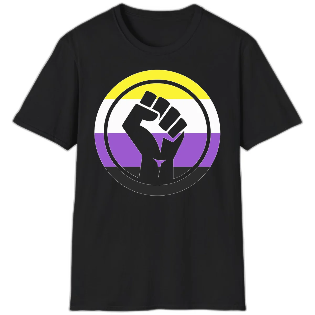 Raised fist silhouette within concentric rings on nonbinary pride flag with yellow, white, purple, and black stripes in Black