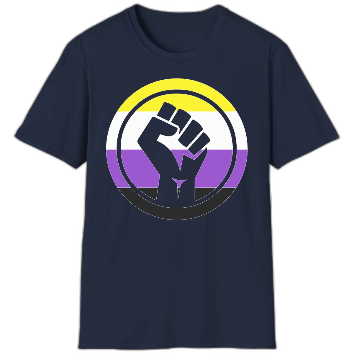 Raised fist silhouette within concentric rings on nonbinary pride flag with yellow, white, purple, and black stripes in Navy