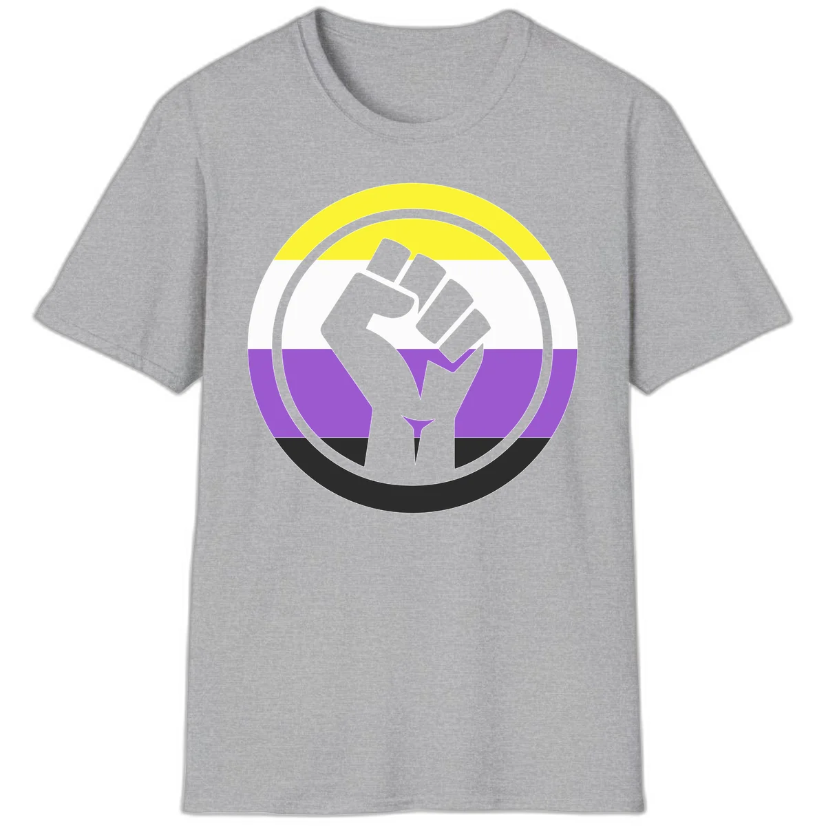 Raised fist silhouette within concentric rings on nonbinary pride flag with yellow, white, purple, and black stripes in Sport Grey