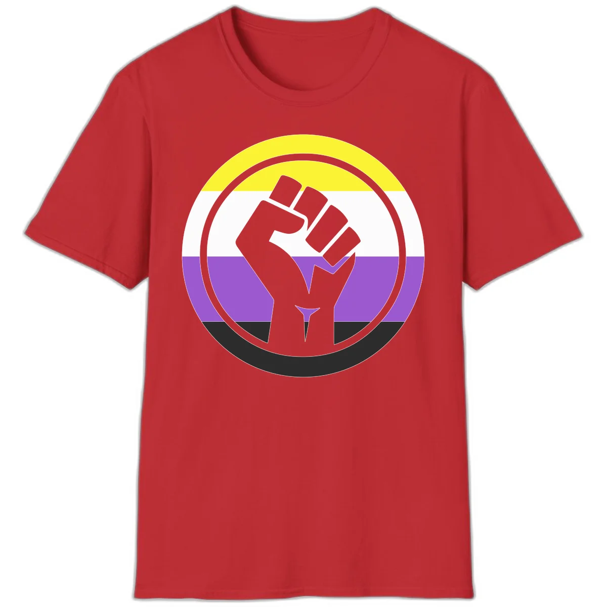 Raised fist silhouette within concentric rings on nonbinary pride flag with yellow, white, purple, and black stripes in Red