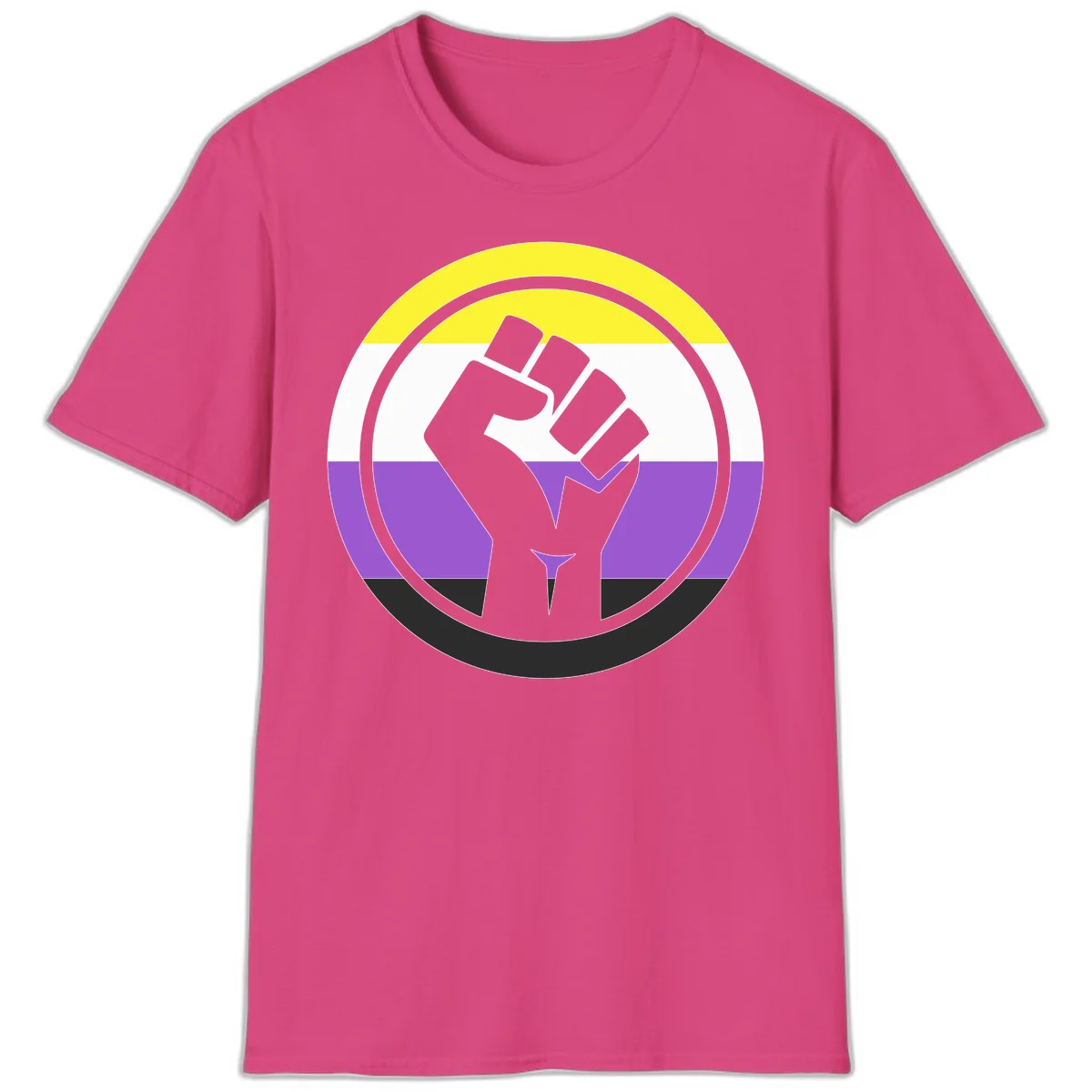 Raised fist silhouette within concentric rings on nonbinary pride flag with yellow, white, purple, and black stripes in Heliconia