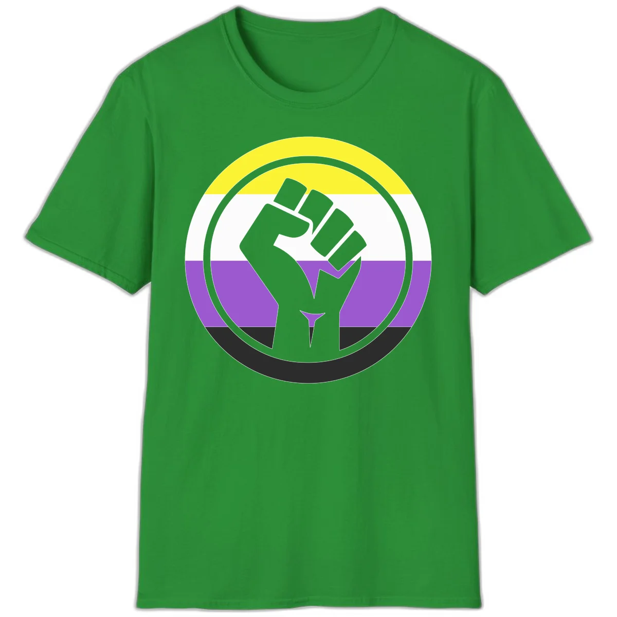 Raised fist silhouette within concentric rings on nonbinary pride flag with yellow, white, purple, and black stripes in Irish Green