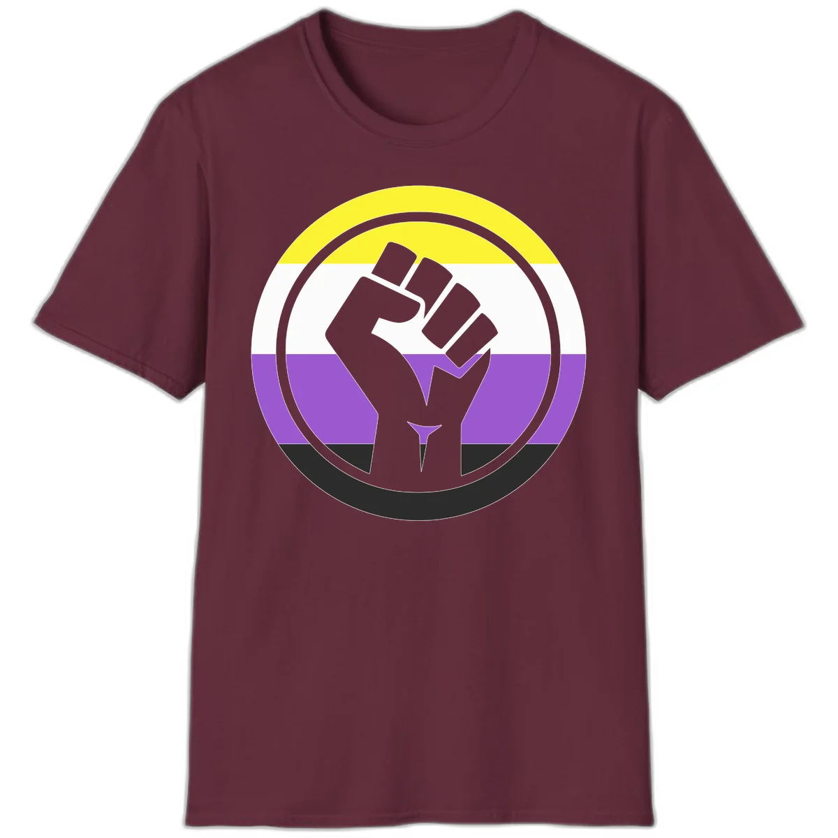 Raised fist silhouette within concentric rings on nonbinary pride flag with yellow, white, purple, and black stripes in Maroon