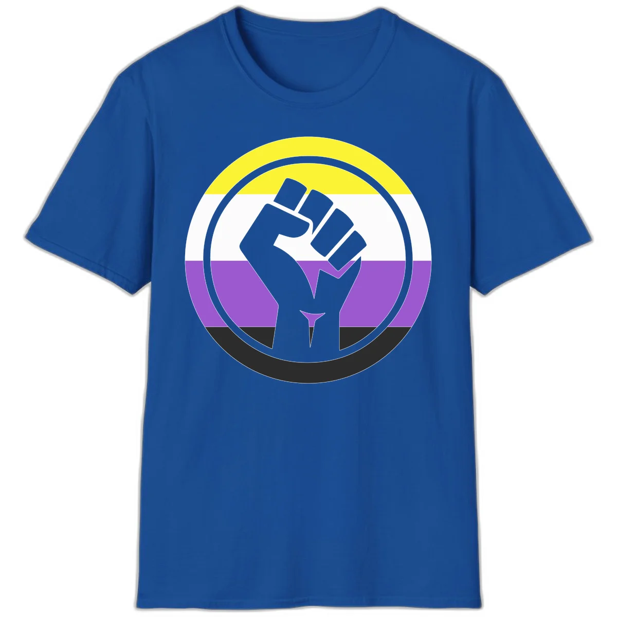 Raised fist silhouette within concentric rings on nonbinary pride flag with yellow, white, purple, and black stripes in Royal