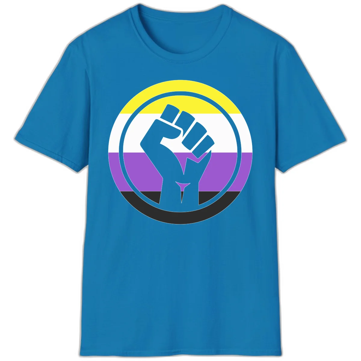 Raised fist silhouette within concentric rings on nonbinary pride flag with yellow, white, purple, and black stripes in Sapphire