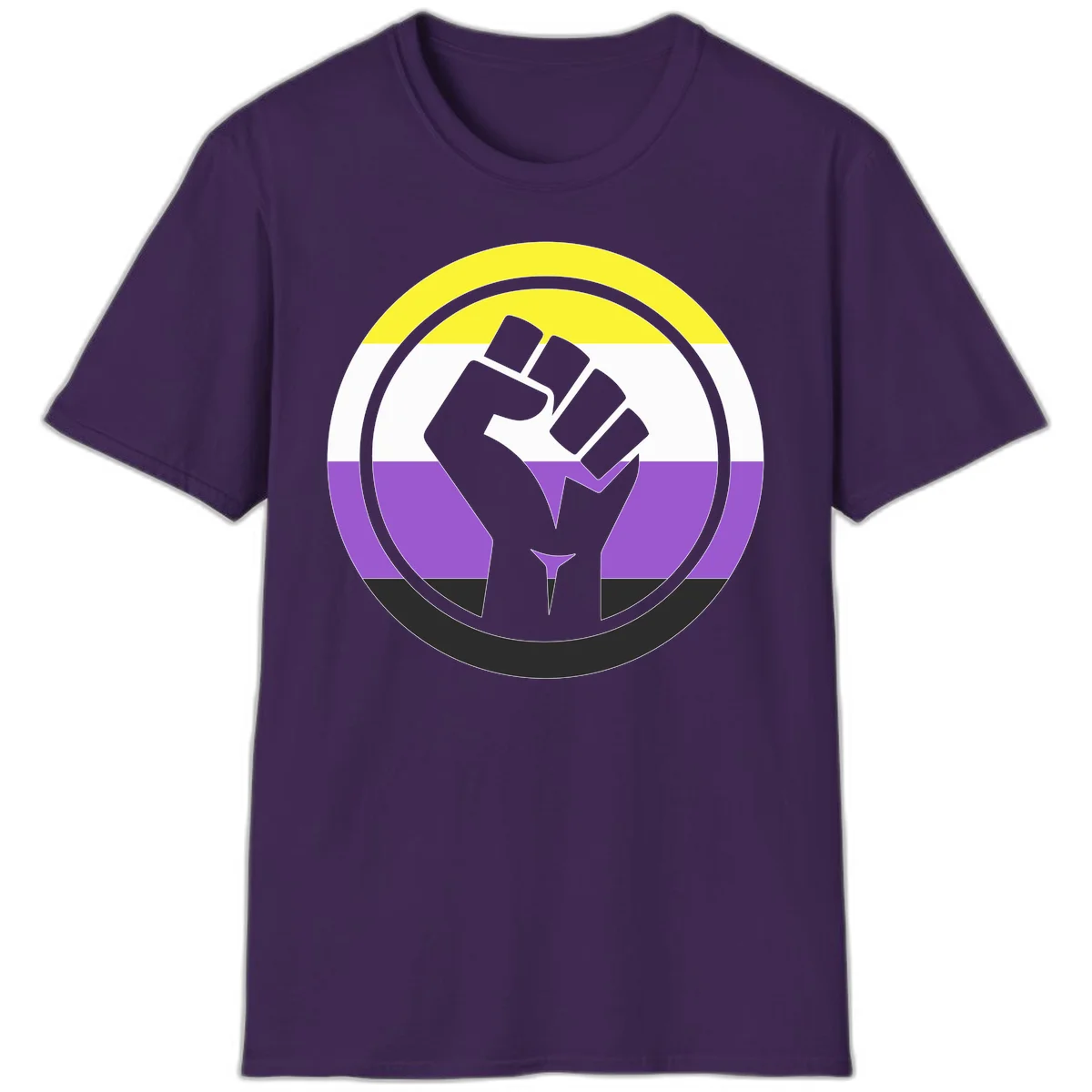 Raised fist silhouette within concentric rings on nonbinary pride flag with yellow, white, purple, and black stripes in Purple