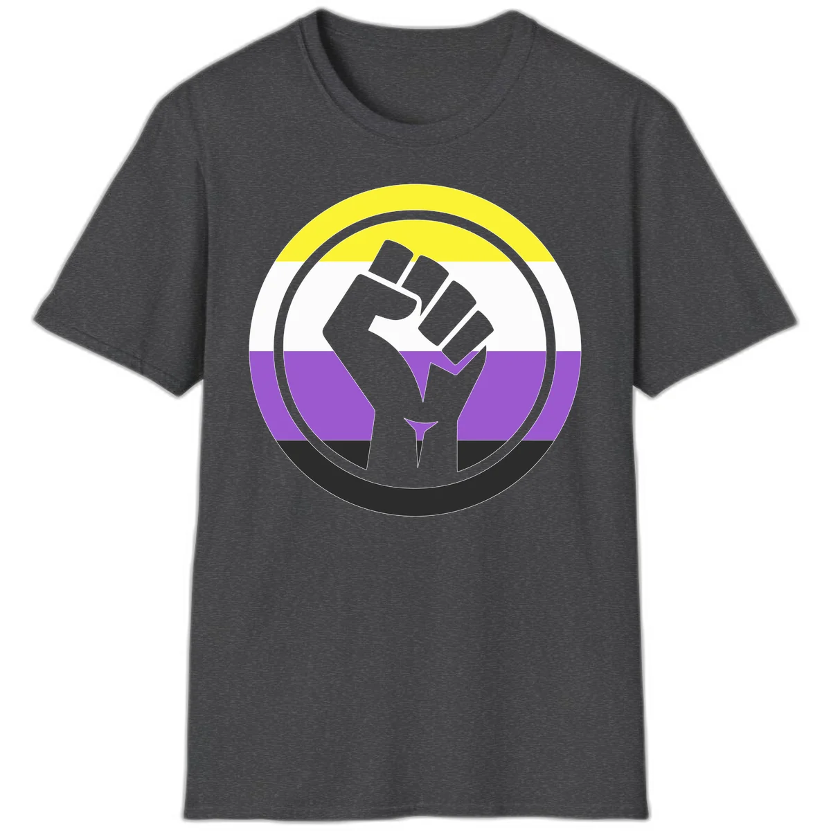 Raised fist silhouette within concentric rings on nonbinary pride flag with yellow, white, purple, and black stripes in Dark Heather
