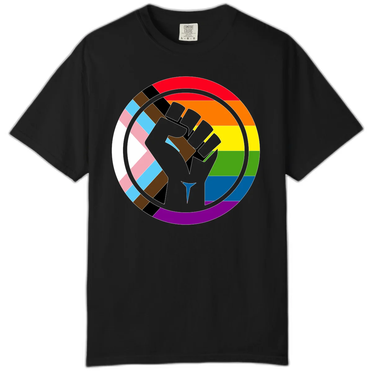 Raised fist silhouette surrounded by concentric rainbow pride flag stripes and intersectional diamond pattern border symbolizing LGBTQ+ unity and solidarity in Black