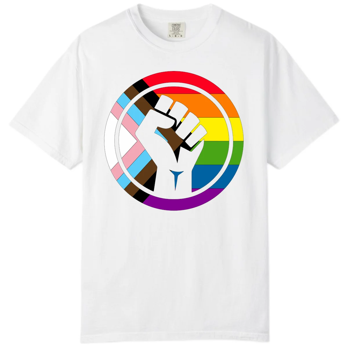 Raised fist silhouette surrounded by concentric rainbow pride flag stripes and intersectional diamond pattern border symbolizing LGBTQ+ unity and solidarity in White