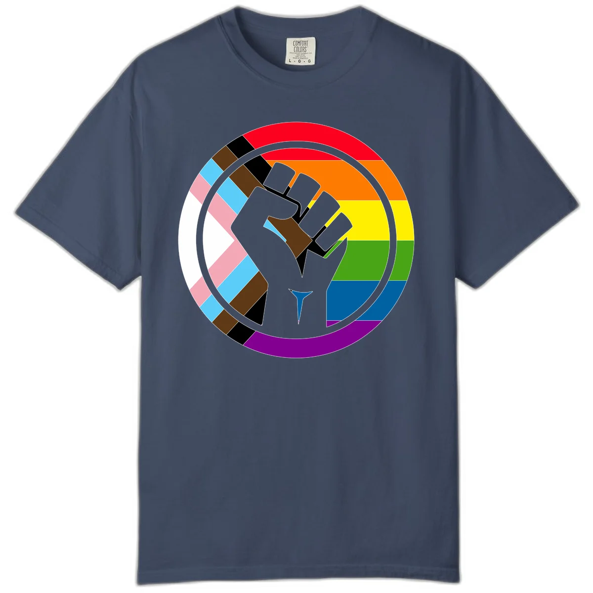 Raised fist silhouette surrounded by concentric rainbow pride flag stripes and intersectional diamond pattern border symbolizing LGBTQ+ unity and solidarity in Midnight