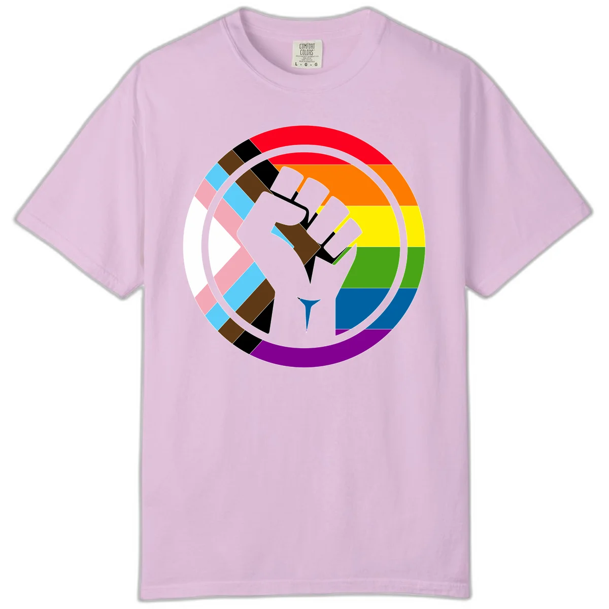 Raised fist silhouette surrounded by concentric rainbow pride flag stripes and intersectional diamond pattern border symbolizing LGBTQ+ unity and solidarity in Orchid
