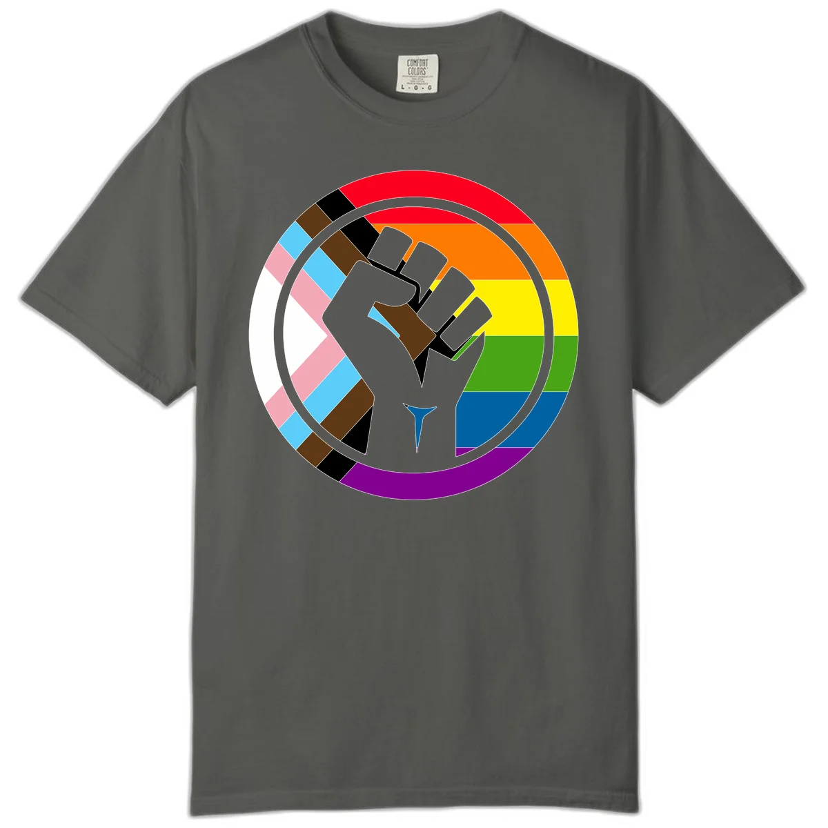 Raised fist silhouette surrounded by concentric rainbow pride flag stripes and intersectional diamond pattern border symbolizing LGBTQ+ unity and solidarity in Pepper