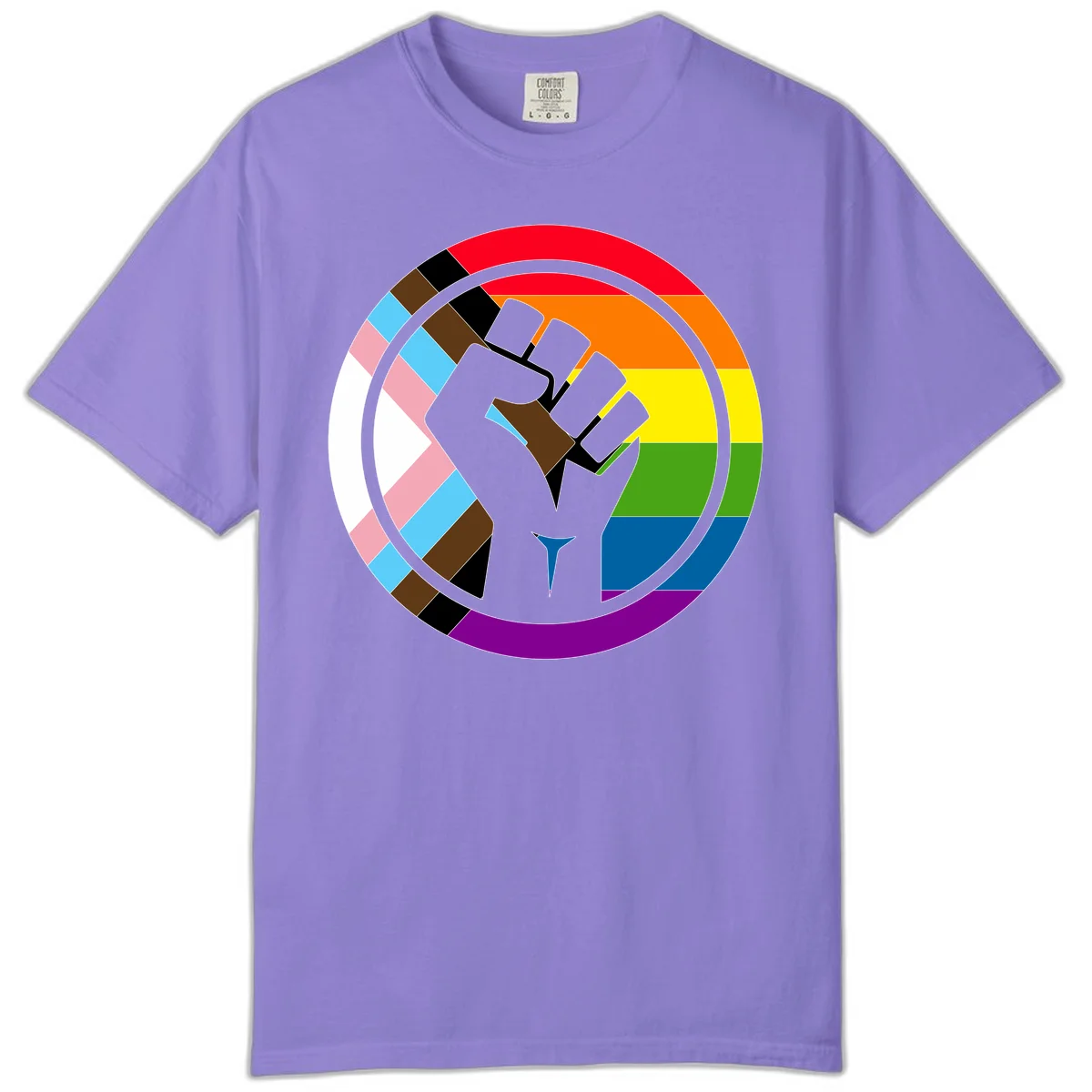 Raised fist silhouette surrounded by concentric rainbow pride flag stripes and intersectional diamond pattern border symbolizing LGBTQ+ unity and solidarity in Violet