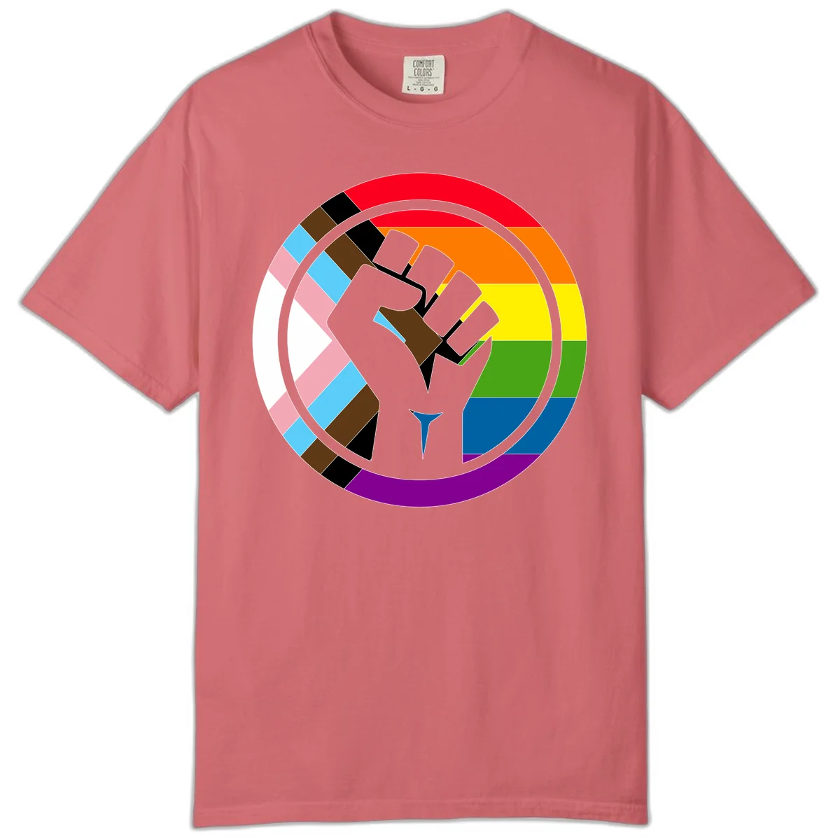 Raised fist silhouette surrounded by concentric rainbow pride flag stripes and intersectional diamond pattern border symbolizing LGBTQ+ unity and solidarity in Watermelon