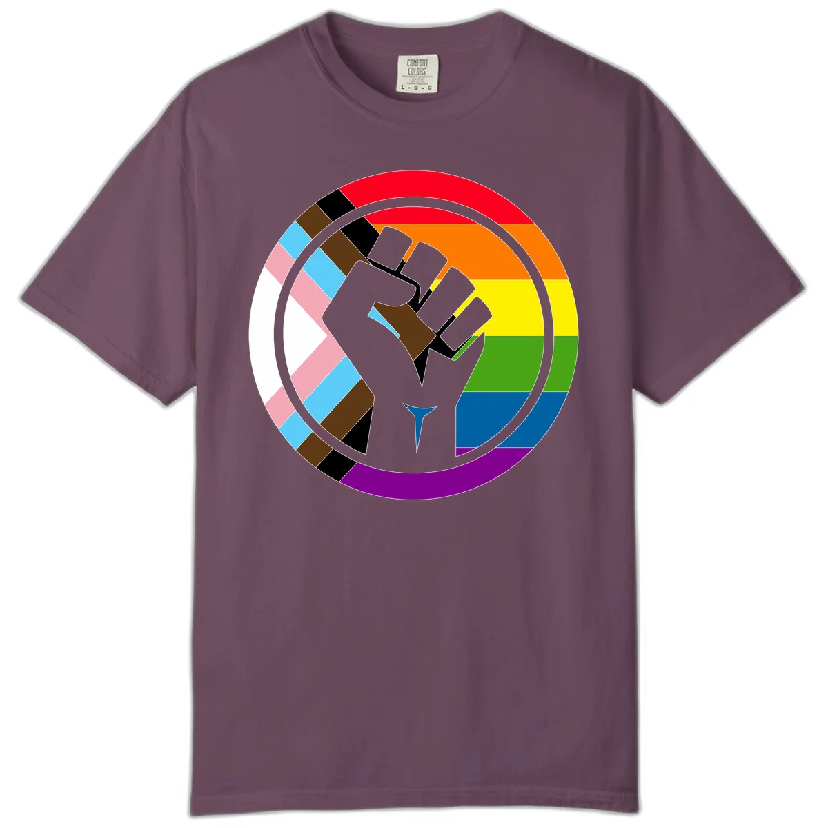 Raised fist silhouette surrounded by concentric rainbow pride flag stripes and intersectional diamond pattern border symbolizing LGBTQ+ unity and solidarity in Berry