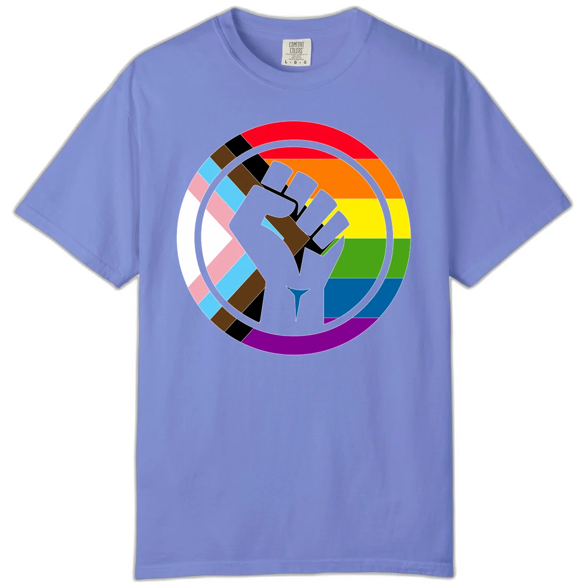 Raised fist silhouette surrounded by concentric rainbow pride flag stripes and intersectional diamond pattern border symbolizing LGBTQ+ unity and solidarity in Flo Blue