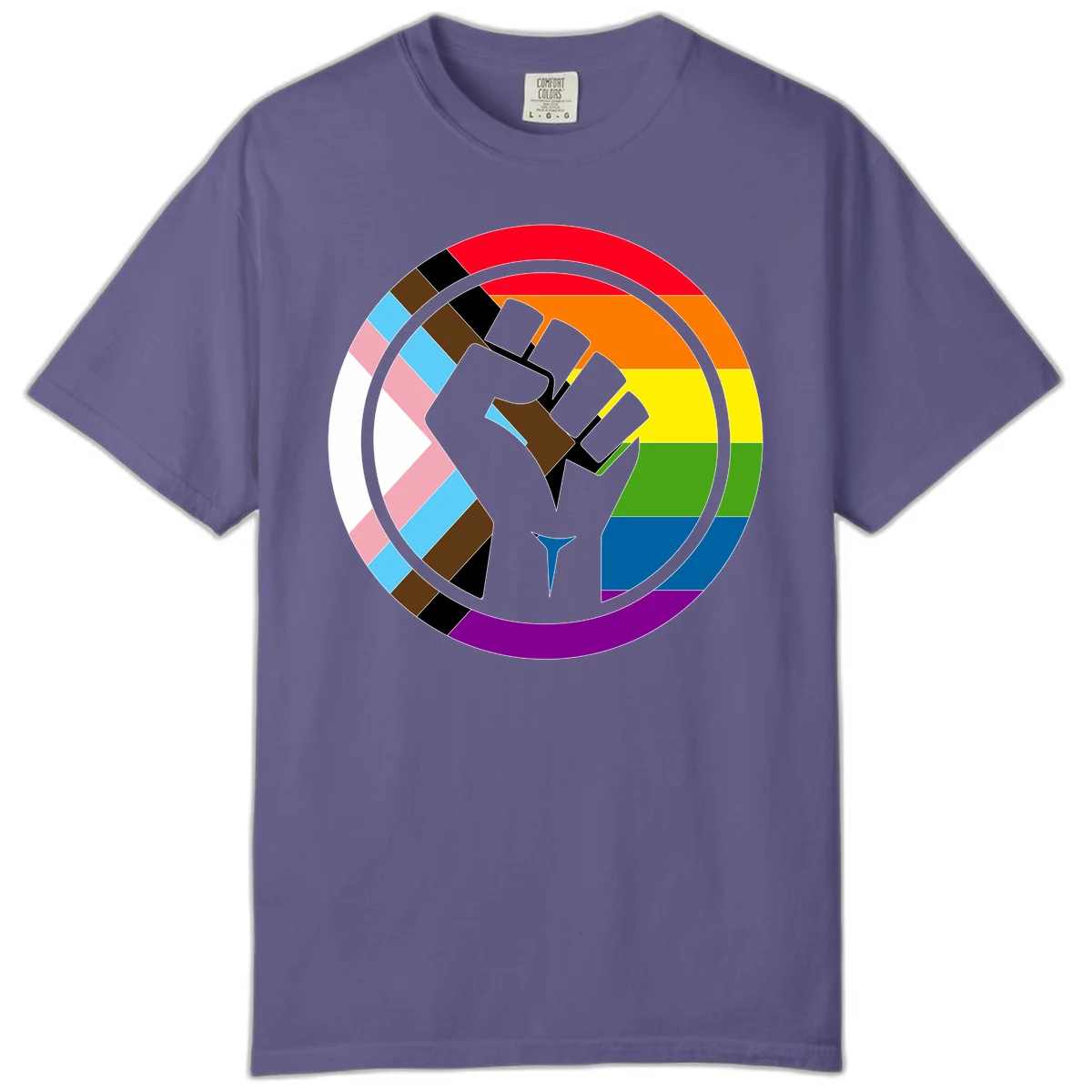 Raised fist silhouette surrounded by concentric rainbow pride flag stripes and intersectional diamond pattern border symbolizing LGBTQ+ unity and solidarity in Grape