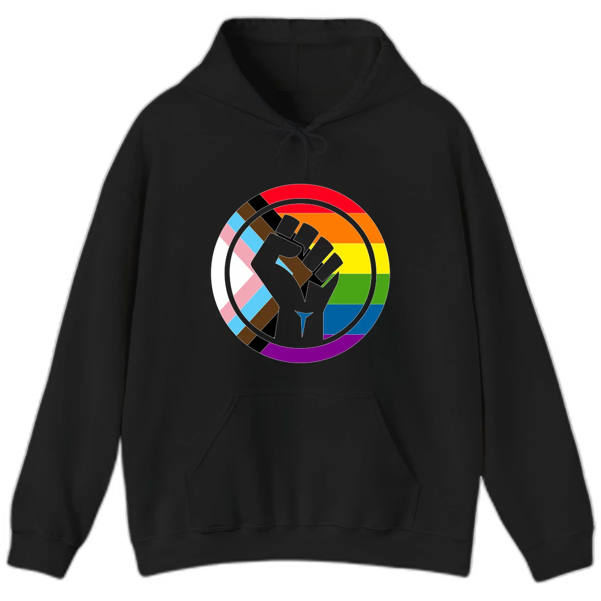 Raised fist silhouette surrounded by concentric rainbow pride flag stripes and intersectional diamond pattern border symbolizing LGBTQ+ unity and solidarity in Black