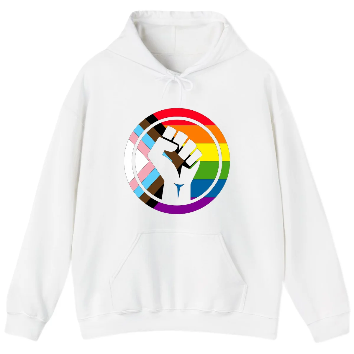 Raised fist silhouette surrounded by concentric rainbow pride flag stripes and intersectional diamond pattern border symbolizing LGBTQ+ unity and solidarity in White