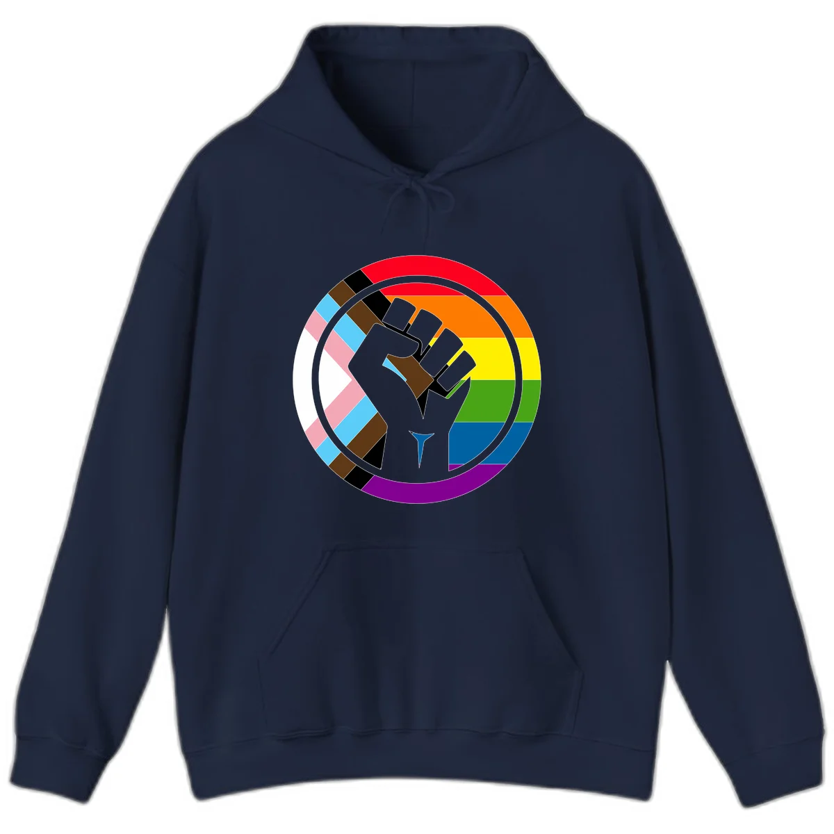 Raised fist silhouette surrounded by concentric rainbow pride flag stripes and intersectional diamond pattern border symbolizing LGBTQ+ unity and solidarity in Navy