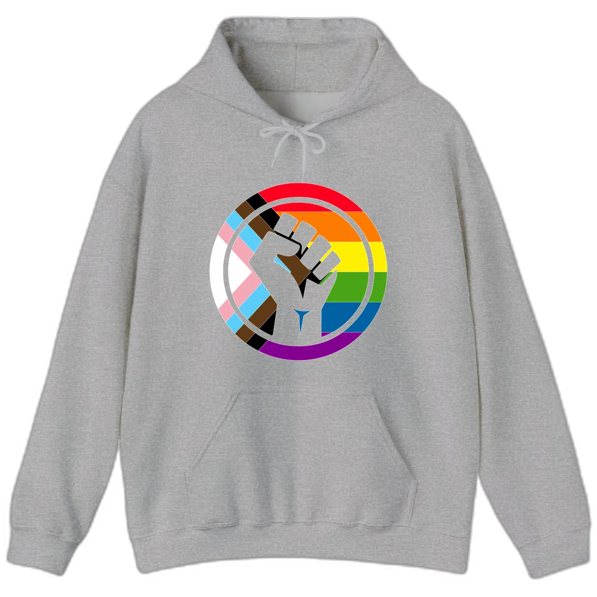 Raised fist silhouette surrounded by concentric rainbow pride flag stripes and intersectional diamond pattern border symbolizing LGBTQ+ unity and solidarity in Sport Grey