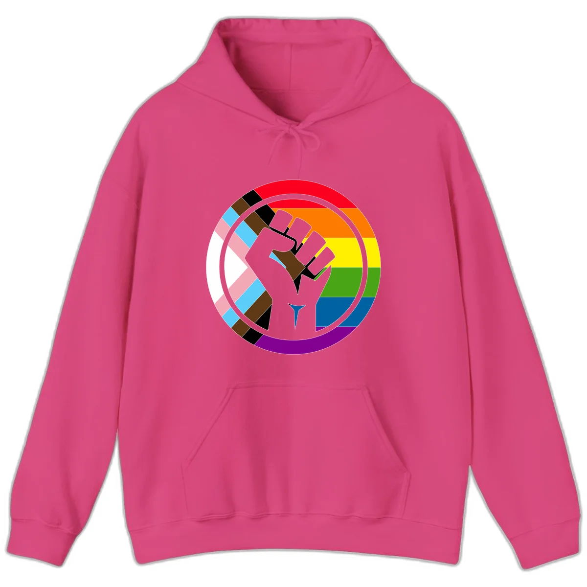 Raised fist silhouette surrounded by concentric rainbow pride flag stripes and intersectional diamond pattern border symbolizing LGBTQ+ unity and solidarity in Heliconia