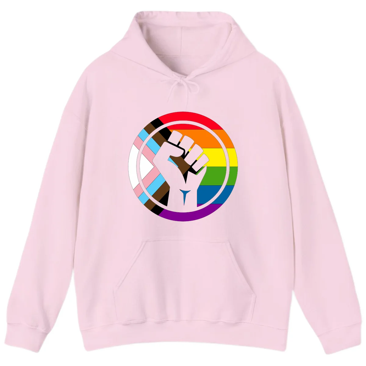 Raised fist silhouette surrounded by concentric rainbow pride flag stripes and intersectional diamond pattern border symbolizing LGBTQ+ unity and solidarity in Light Pink