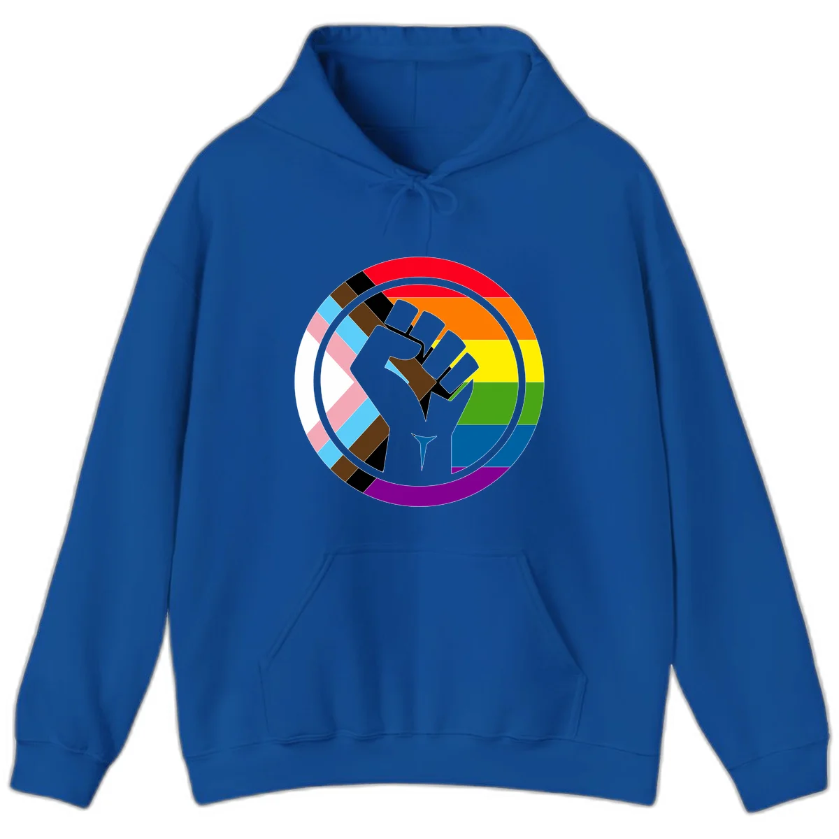 Raised fist silhouette surrounded by concentric rainbow pride flag stripes and intersectional diamond pattern border symbolizing LGBTQ+ unity and solidarity in Royal