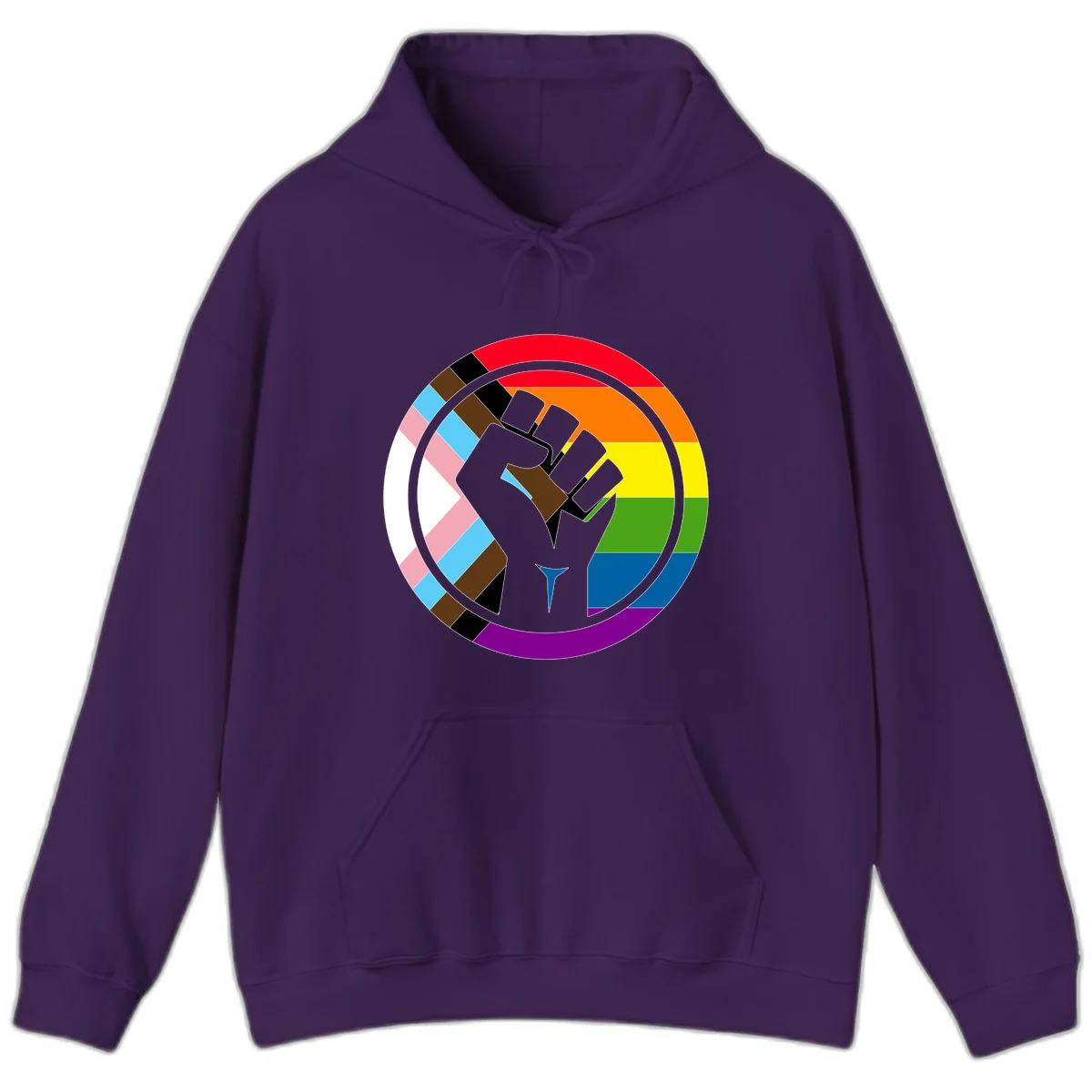 Raised fist silhouette surrounded by concentric rainbow pride flag stripes and intersectional diamond pattern border symbolizing LGBTQ+ unity and solidarity in Purple