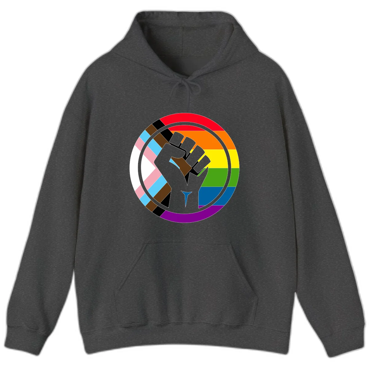 Raised fist silhouette surrounded by concentric rainbow pride flag stripes and intersectional diamond pattern border symbolizing LGBTQ+ unity and solidarity in Dark Heather