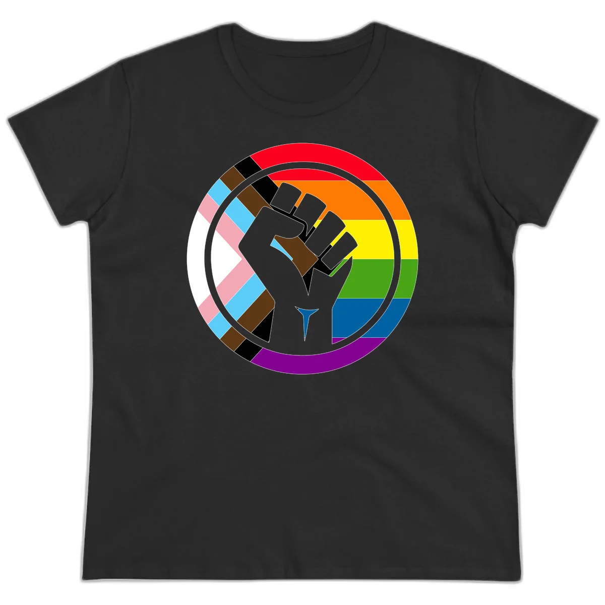 Raised fist silhouette surrounded by concentric rainbow pride flag stripes and intersectional diamond pattern border symbolizing LGBTQ+ unity and solidarity in Black