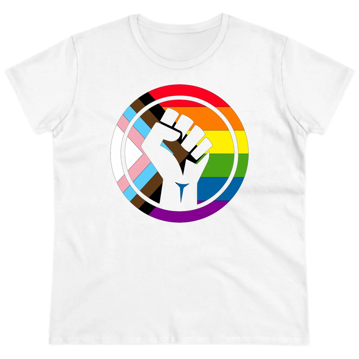 Raised fist silhouette surrounded by concentric rainbow pride flag stripes and intersectional diamond pattern border symbolizing LGBTQ+ unity and solidarity in White