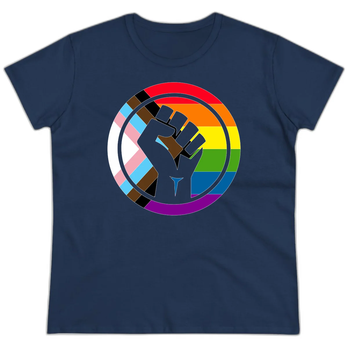 Raised fist silhouette surrounded by concentric rainbow pride flag stripes and intersectional diamond pattern border symbolizing LGBTQ+ unity and solidarity in Navy