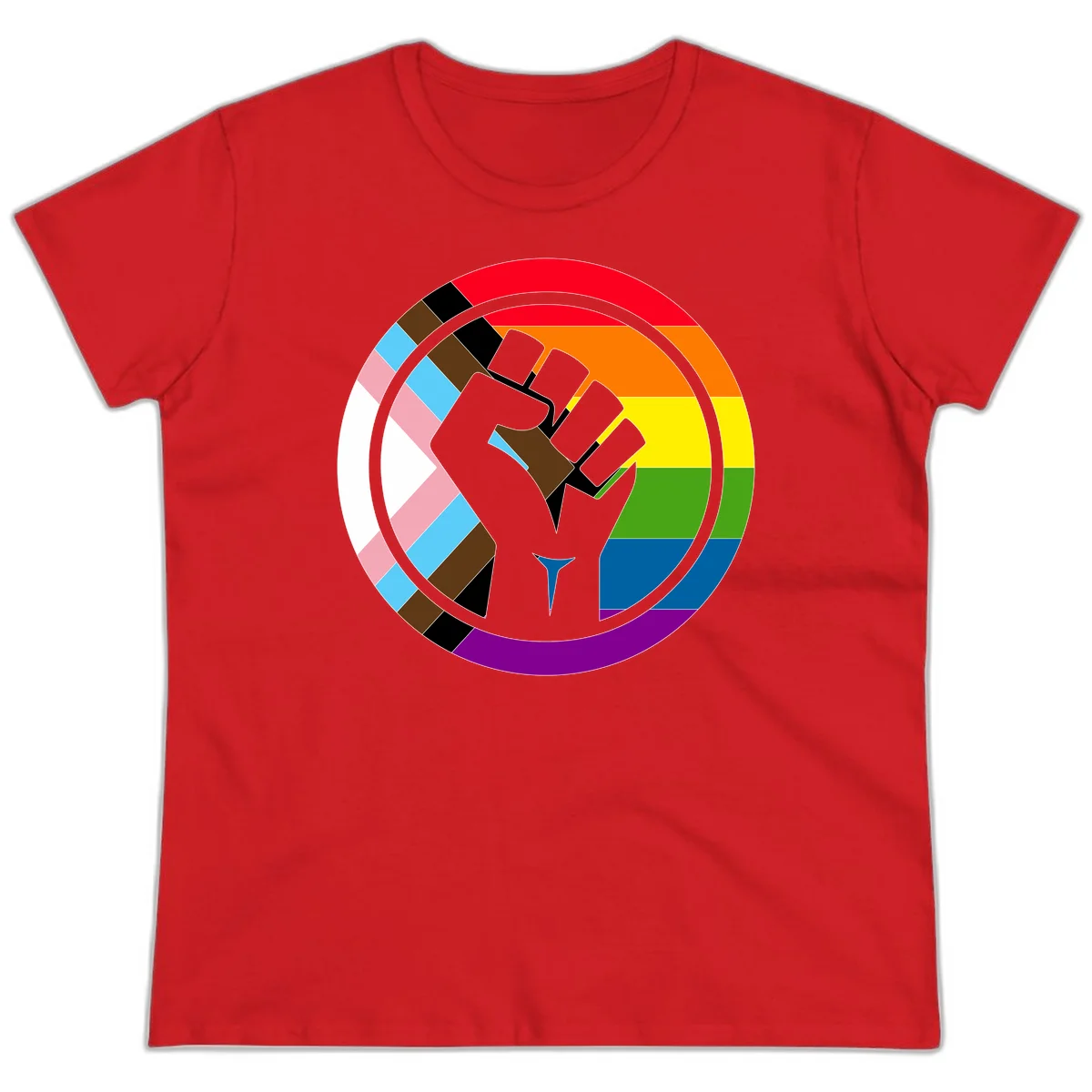 Raised fist silhouette surrounded by concentric rainbow pride flag stripes and intersectional diamond pattern border symbolizing LGBTQ+ unity and solidarity in Red