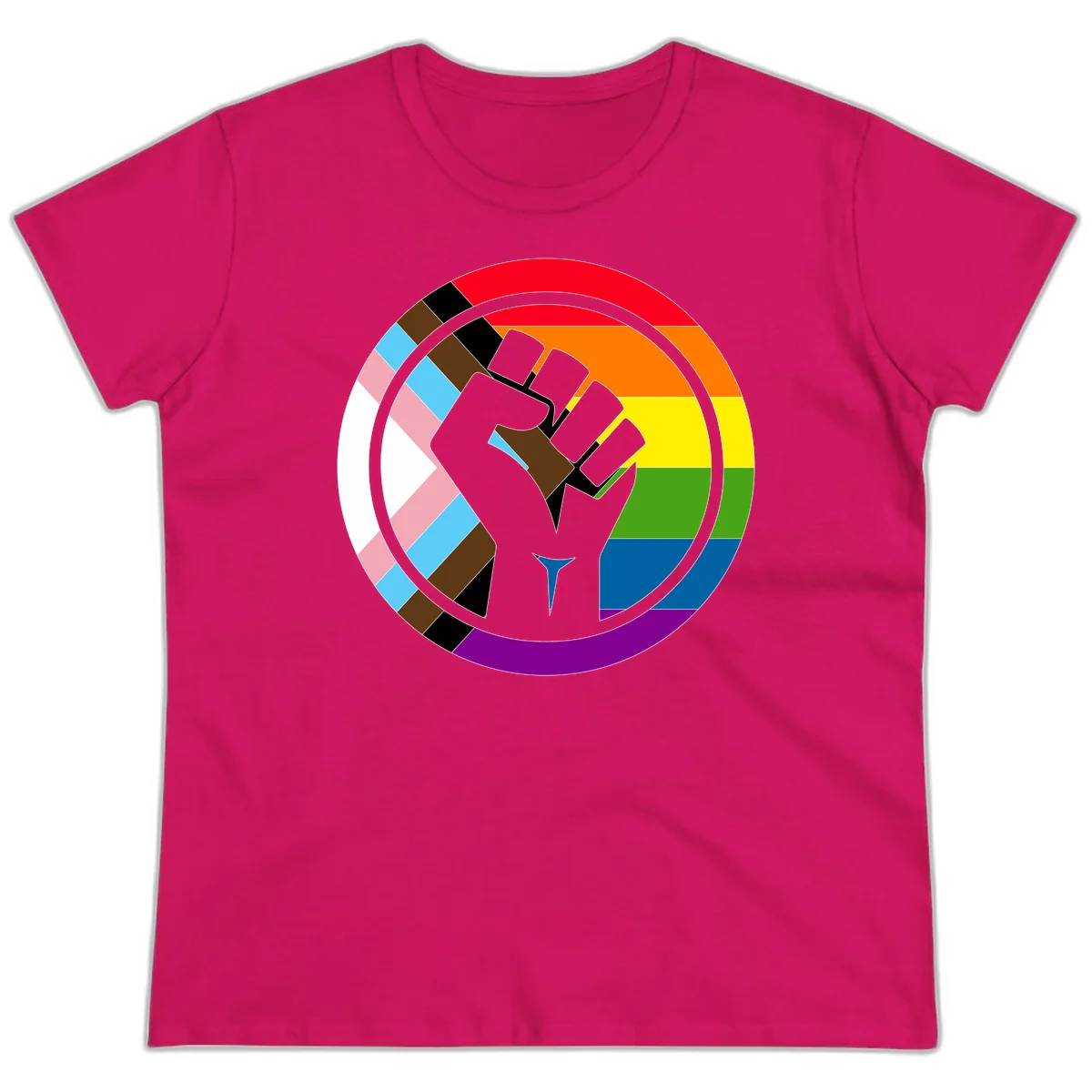 Raised fist silhouette surrounded by concentric rainbow pride flag stripes and intersectional diamond pattern border symbolizing LGBTQ+ unity and solidarity in Heliconia