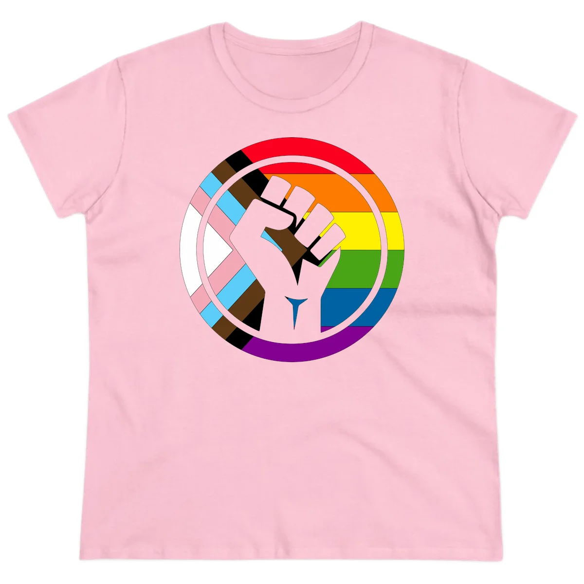 Raised fist silhouette surrounded by concentric rainbow pride flag stripes and intersectional diamond pattern border symbolizing LGBTQ+ unity and solidarity in Light Pink