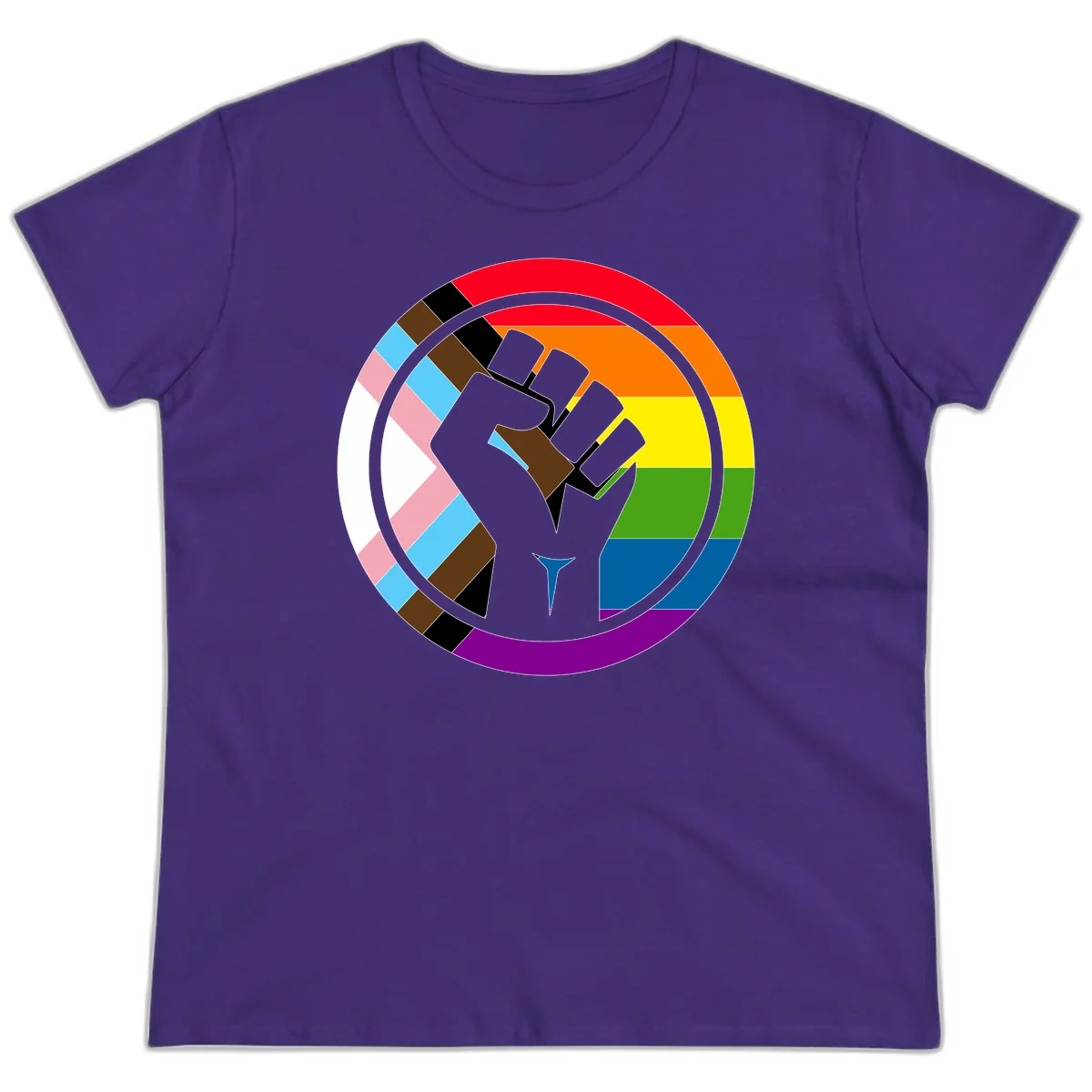 Raised fist silhouette surrounded by concentric rainbow pride flag stripes and intersectional diamond pattern border symbolizing LGBTQ+ unity and solidarity in Purple