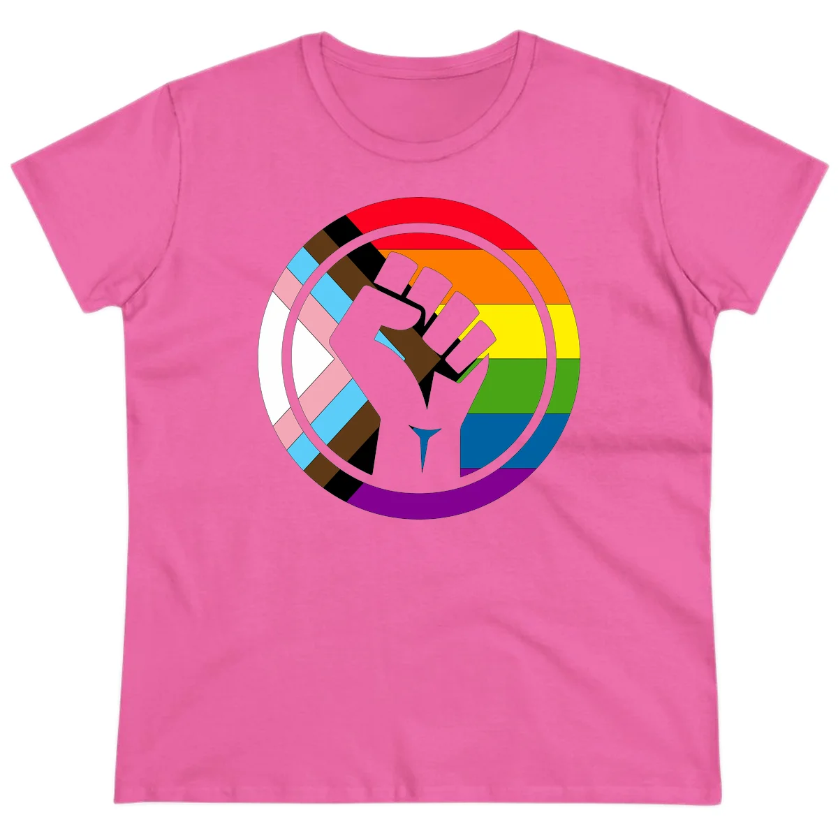Raised fist silhouette surrounded by concentric rainbow pride flag stripes and intersectional diamond pattern border symbolizing LGBTQ+ unity and solidarity in Azalea