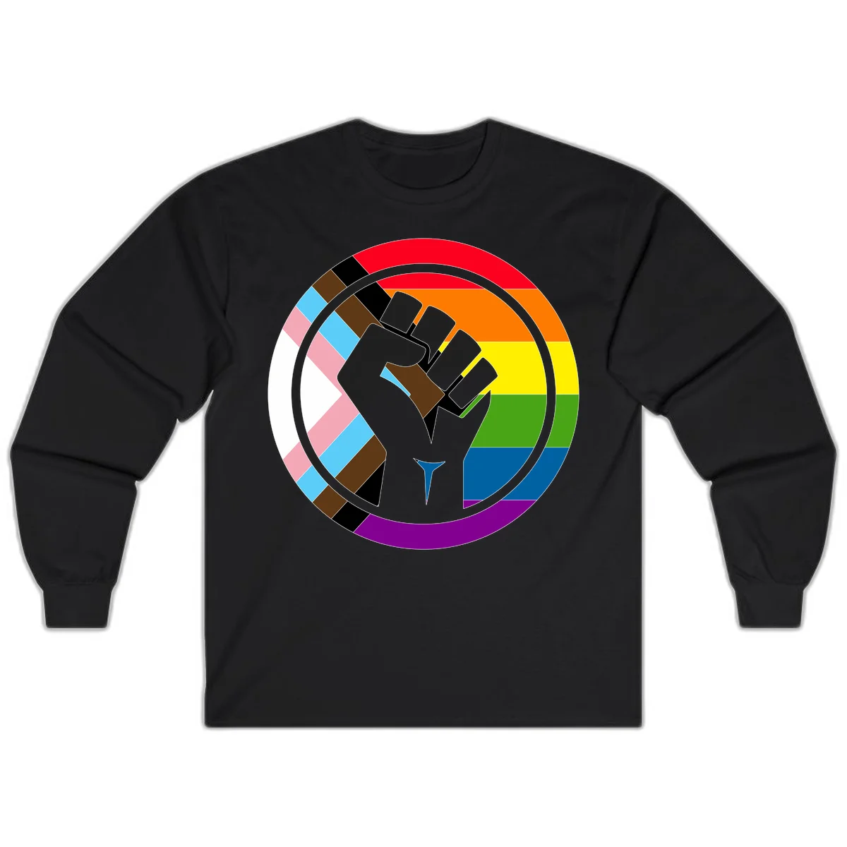 Raised fist silhouette surrounded by concentric rainbow pride flag stripes and intersectional diamond pattern border symbolizing LGBTQ+ unity and solidarity in Black