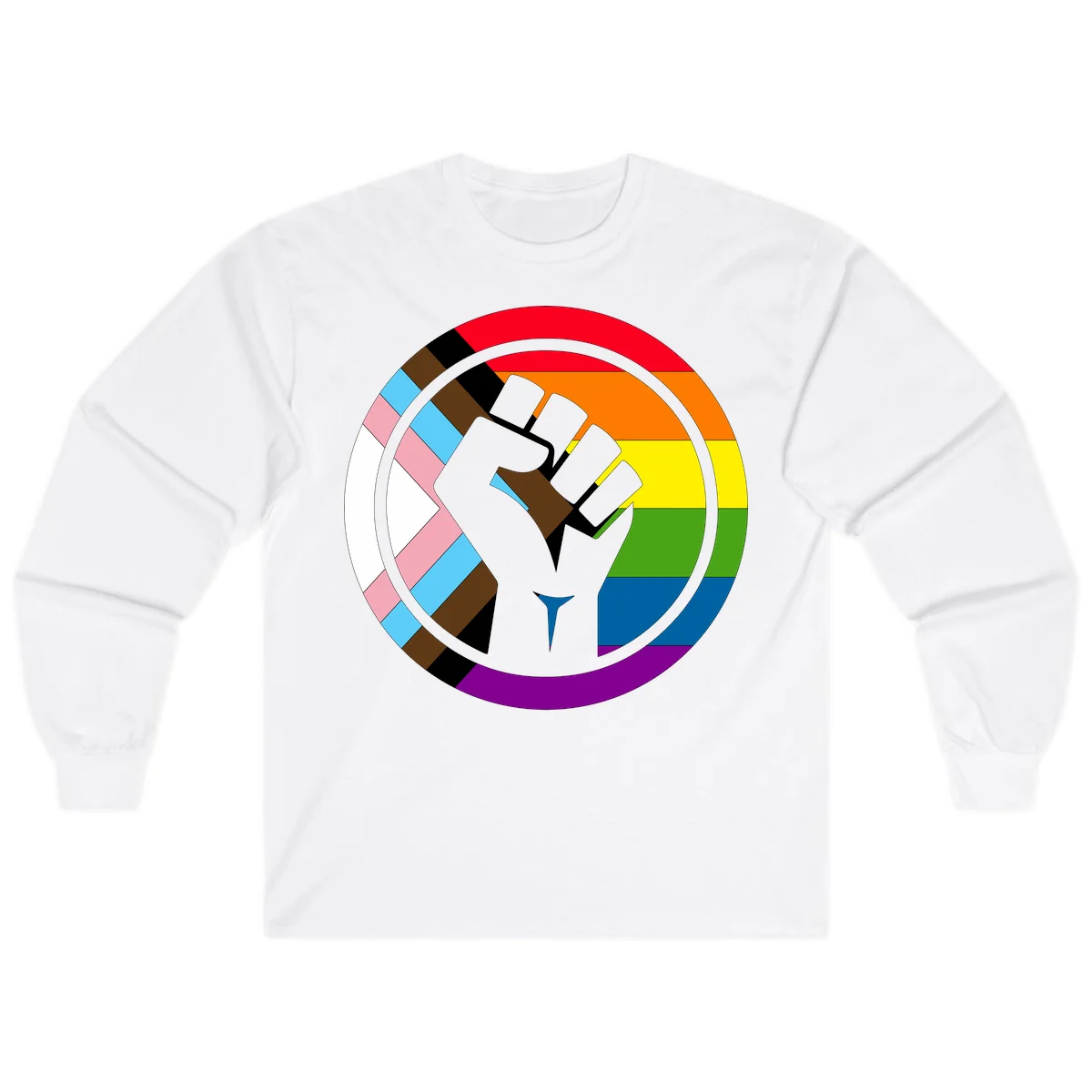 Raised fist silhouette surrounded by concentric rainbow pride flag stripes and intersectional diamond pattern border symbolizing LGBTQ+ unity and solidarity in White