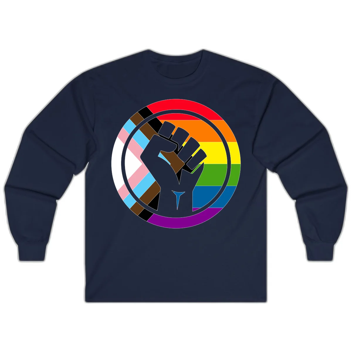 Raised fist silhouette surrounded by concentric rainbow pride flag stripes and intersectional diamond pattern border symbolizing LGBTQ+ unity and solidarity in Navy